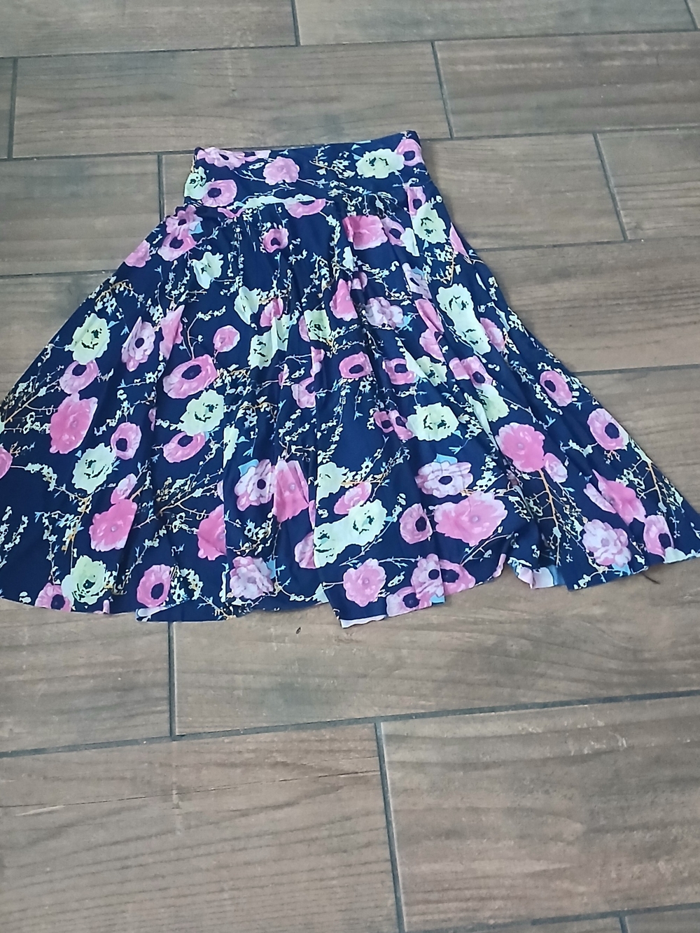 Navy Floral Midi Skirt with Pink & Mint Blooms
